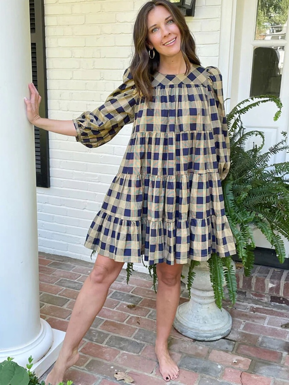 NWOT Summersalt Tiered Mini Dress Buffalo Check in Midnight & Toffee Women’s Med - Picture 3 of 9